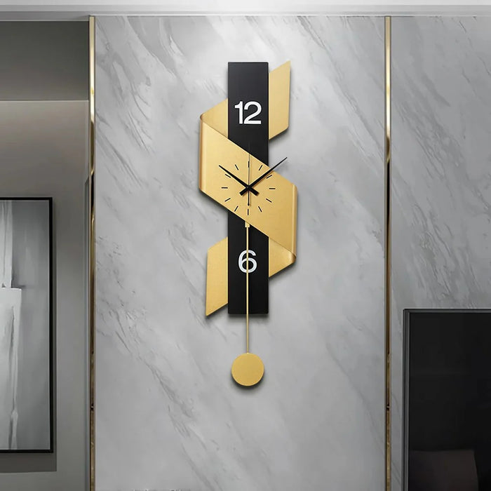 Modern wall clock with geometric design on a gray marble wall