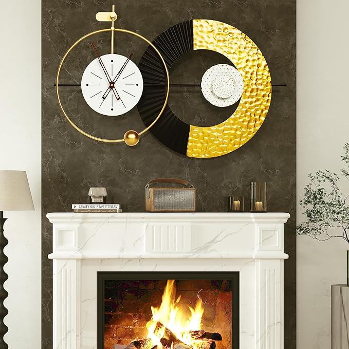 Royal metallic gold clock on wall above the fireplace
