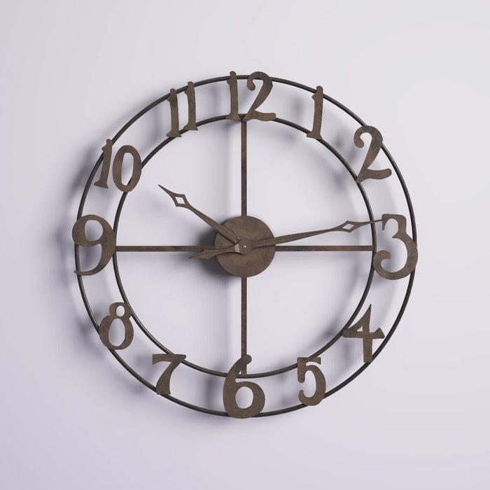 Bronze wall clock with numbers on a light gray background