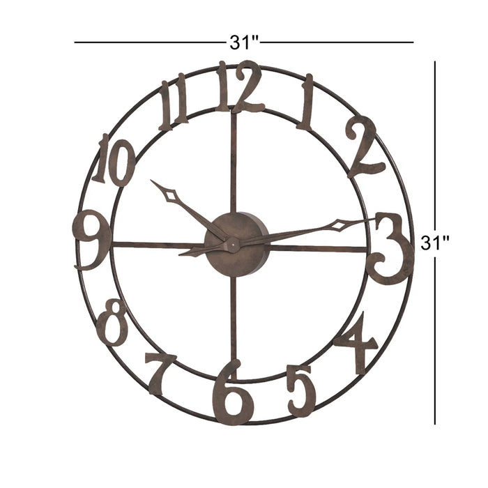 Large brown wall clock with measurements on a white background