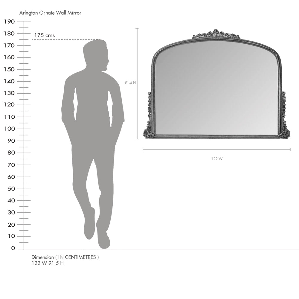 Arlington Ornate Wall Mirror with dimensions shown relative to a standing person.