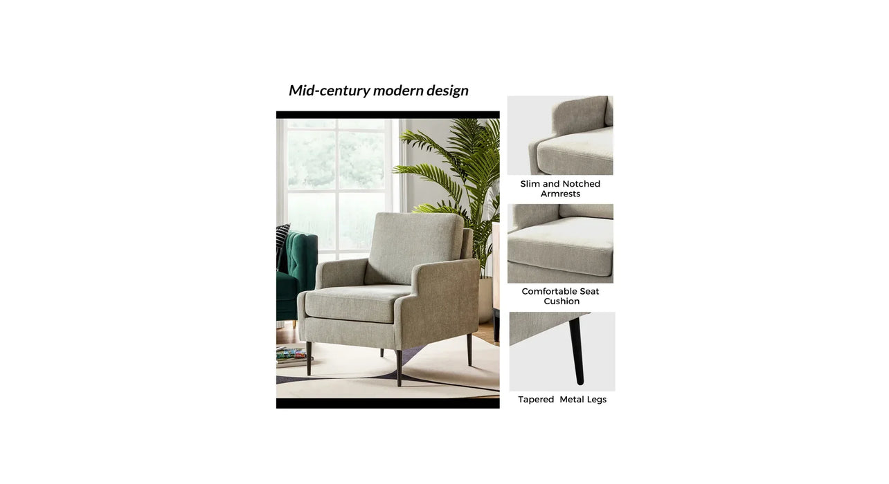 beige accent chair with text describing mid-century modern design features on a white background.