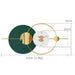 Decorative wall clock with green and gold design, showing measurements on a white background.