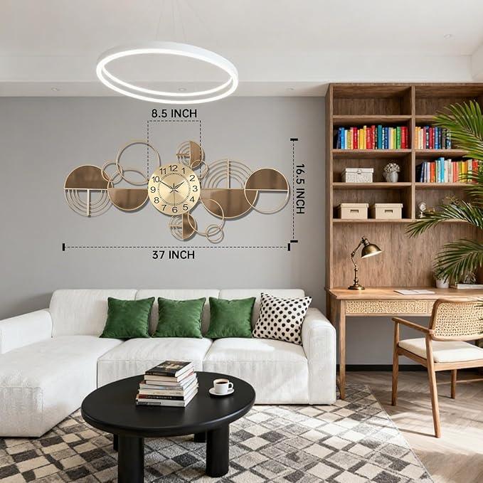 Stylish wall clock with dimensions in a living room setting