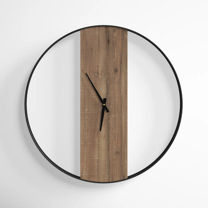Wooden wall clock with black frame on a white background