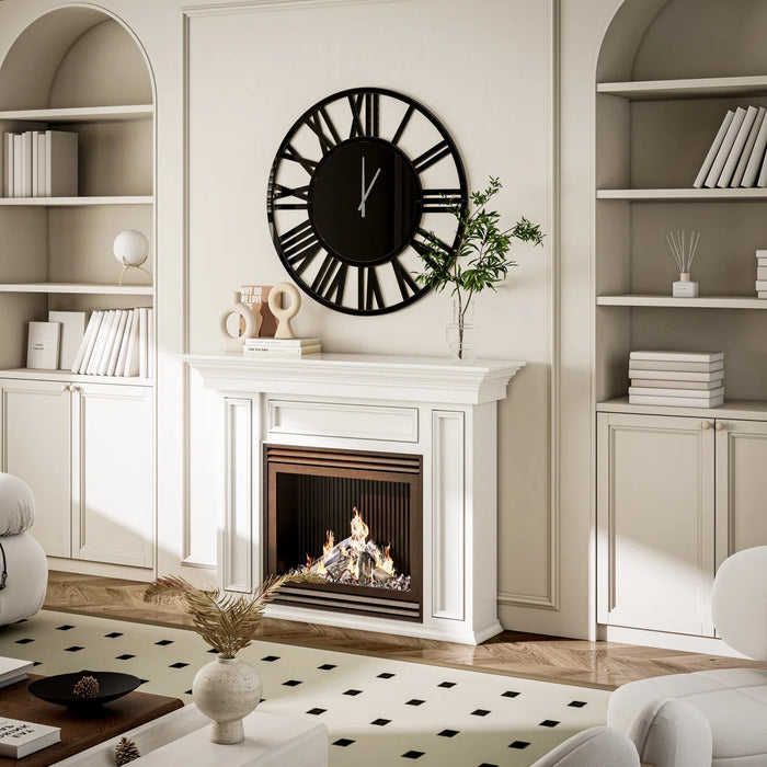Living room with a large black wall clock above a fireplace