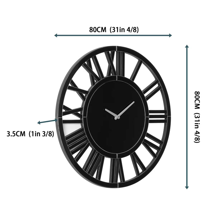Black wall clock with measurements on a white background