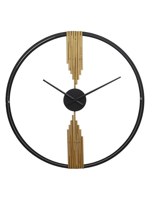 Decorative wall clock with black rim and gold accents on a white background
