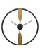 Decorative wall clock with black rim and gold accents on a white background