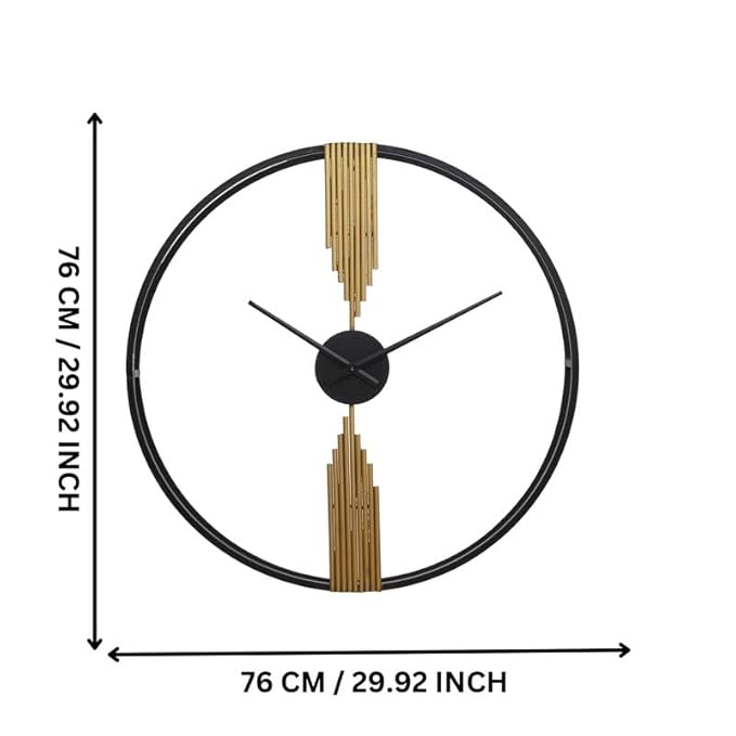 Wall clock with decorative elements and dimensions on a white background