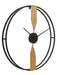 Decorative wall clock with black and gold design on a white background