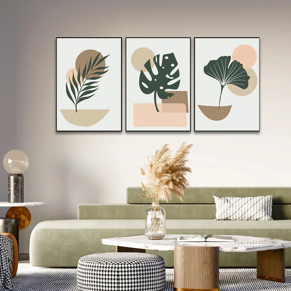 Boho Style Artistic Design of Ginkgo and Monstera Plants Wall Art Set Of 3 - All India Decor