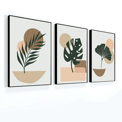 Boho Style Artistic Design of Ginkgo and Monstera Plants Wall Art Set Of 3 - All India Decor