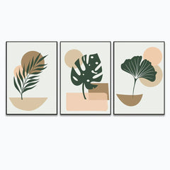 Boho Style Artistic Design of Ginkgo and Monstera Plants Wall Art Set Of 3 - All India Decor
