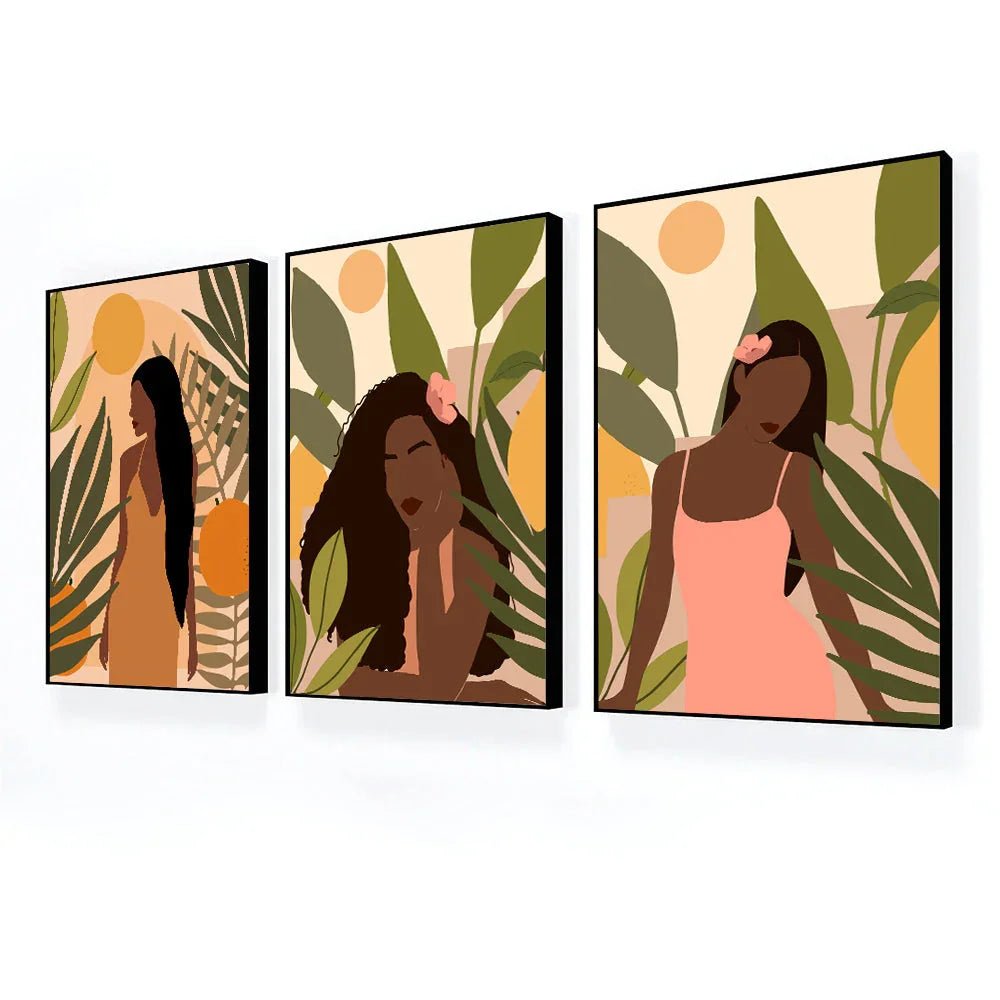 Boho Abstract Fashion Black Woman Wall Art Set of 3 - All India Decor