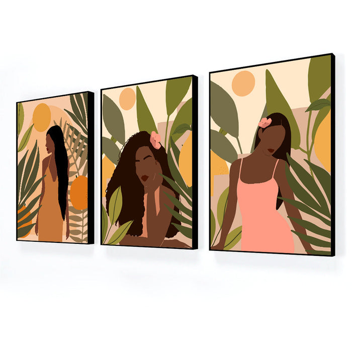 Boho Abstract Fashion Black Woman Wall Art Set of 3