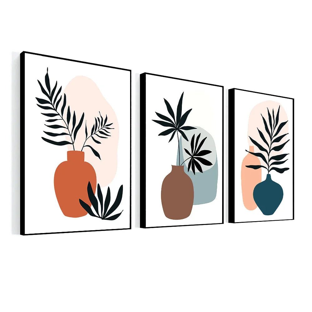 Contemporary Monochrome Art Posters Abstract Geometric Elements, Strokes, Leaves And Berries Set Of 3 - All India Decor