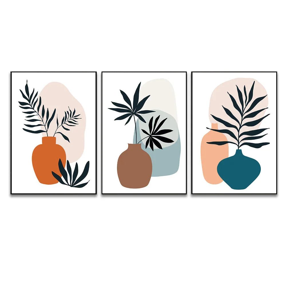Contemporary Monochrome Art Posters Abstract Geometric Elements, Strokes, Leaves And Berries Set Of 3 - All India Decor