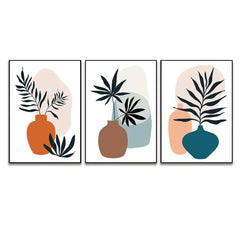 Contemporary Monochrome Art Posters Abstract Geometric Elements, Strokes, Leaves And Berries Set Of 3 - All India Decor