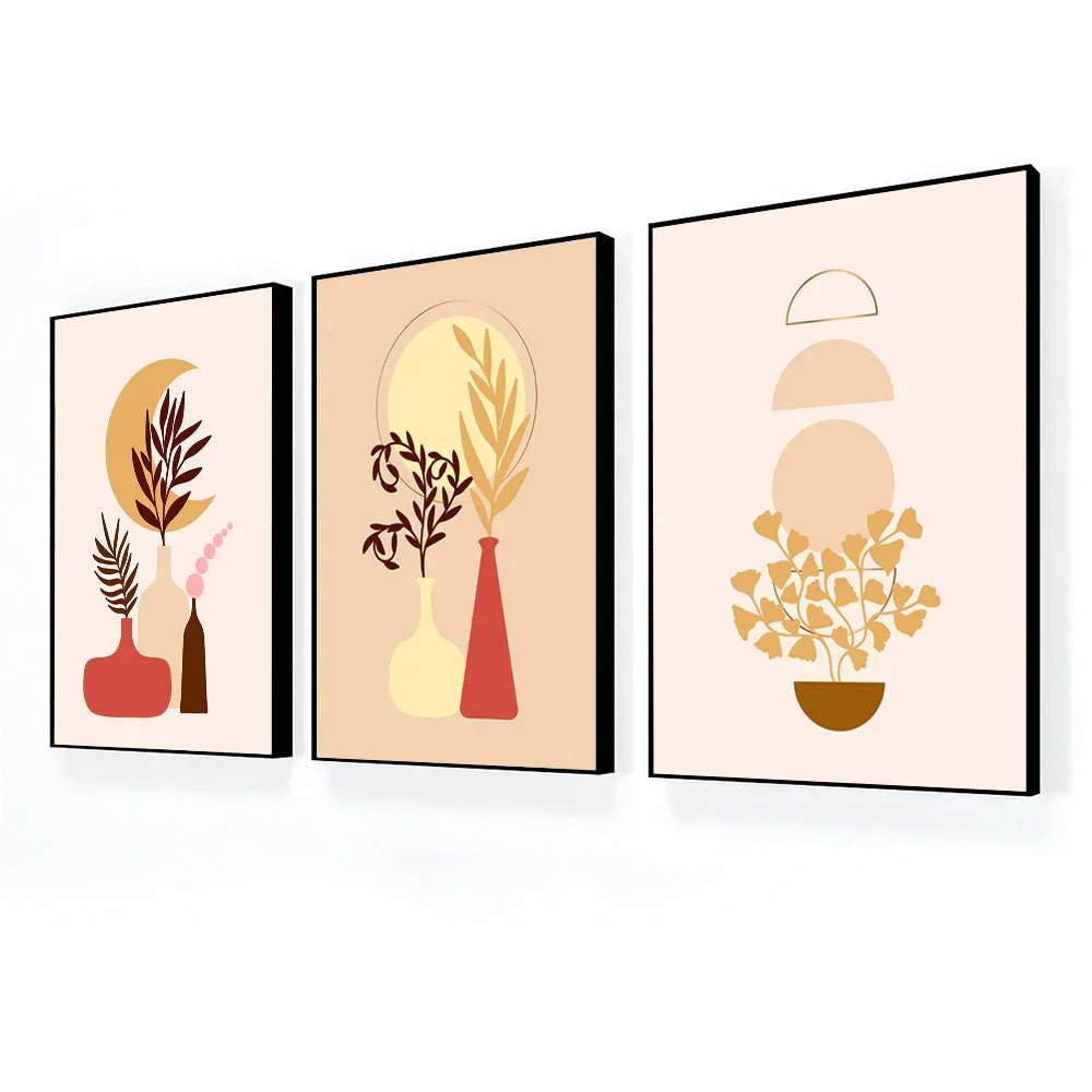 Boho Wall Decor Canvas Art Set, Abstract Minimalist Artwork, Mid - Century Morocco Pictures, Shabby Chic Prints for Home Set Of 3 - All India Decor