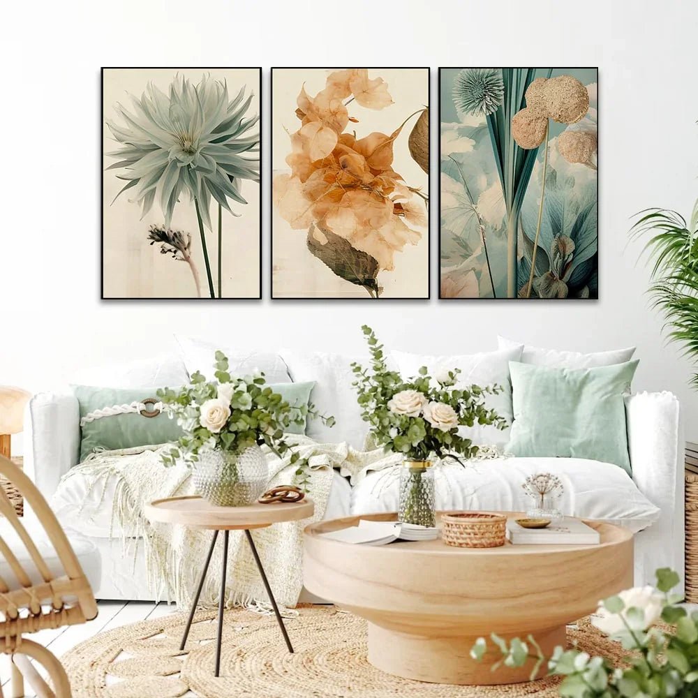 Boho Style Leaves Flowers and Geometric Wall Art Set of 3 - All India Decor
