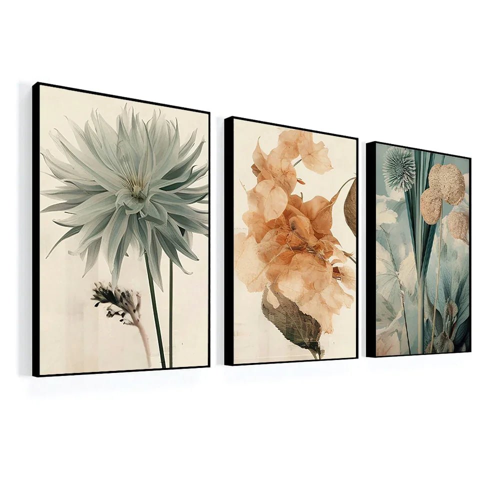 Boho Style Leaves Flowers and Geometric Wall Art Set of 3 - All India Decor