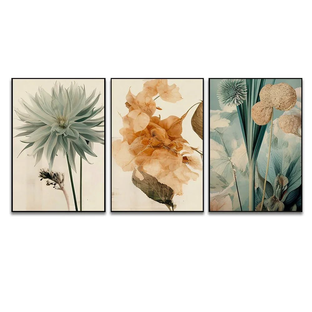 Boho Style Leaves Flowers and Geometric Wall Art Set of 3 - All India Decor