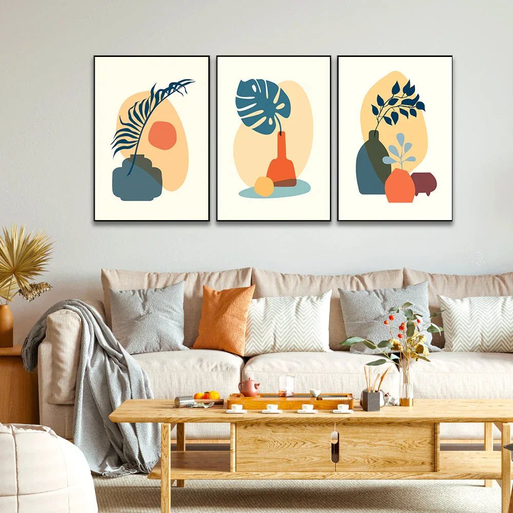 Abstract Boho Poster with Tropical Leaf, Color Vase and Shape Wall Art Set of 3 - All India Decor