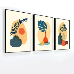 Abstract Boho Poster with Tropical Leaf, Color Vase and Shape Wall Art Set of 3 - All India Decor