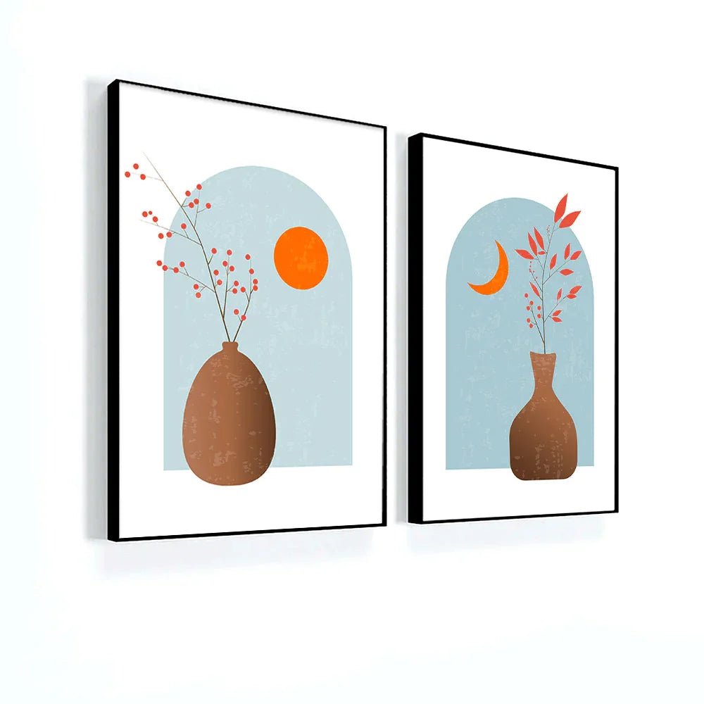 Mid - Century Bohemian Style Abstract Flower and Vase Modern Wall Art Set of 2 - All India Decor
