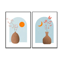 Mid - Century Bohemian Style Abstract Flower and Vase Modern Wall Art Set of 2 - All India Decor