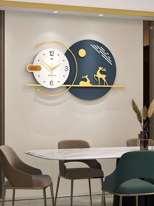 Modern wall clock with deer design on a dining room wall