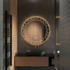 Circular LED Mirror with Crooked Etching Design - All India Decor