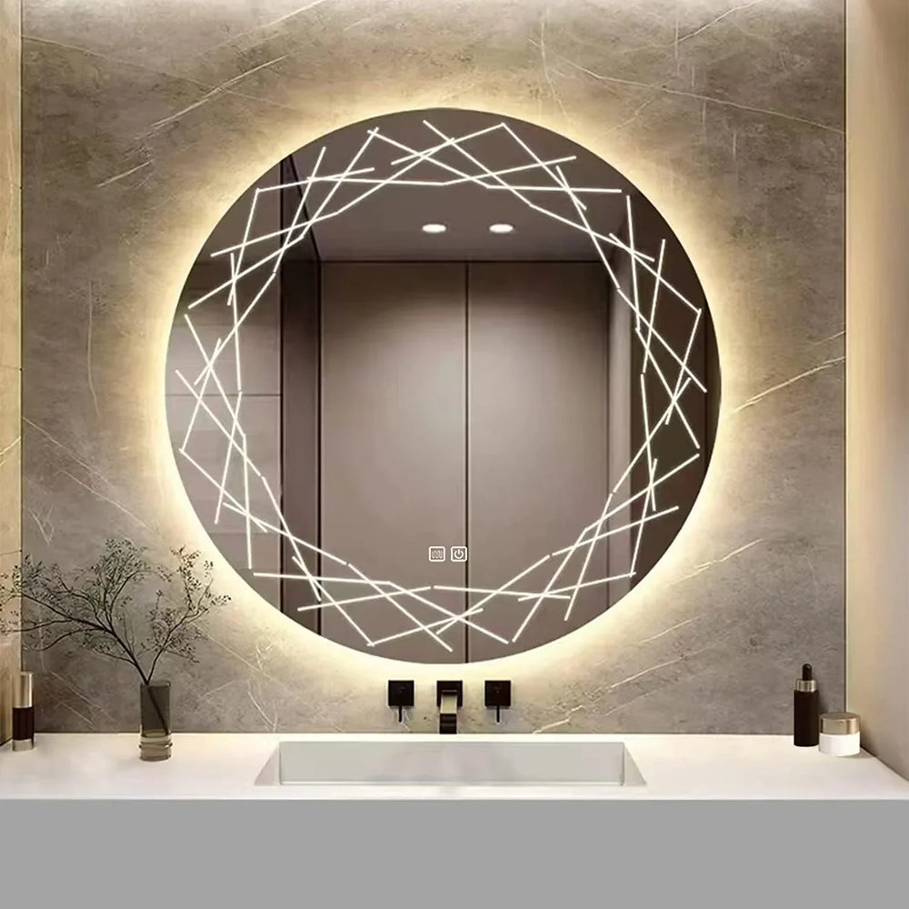 Circular LED Mirror with Crooked Etching Design - All India Decor