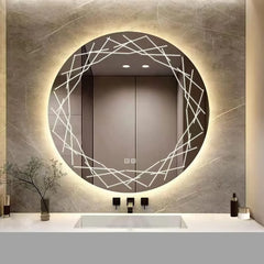 Circular LED Mirror with Crooked Etching Design - All India Decor