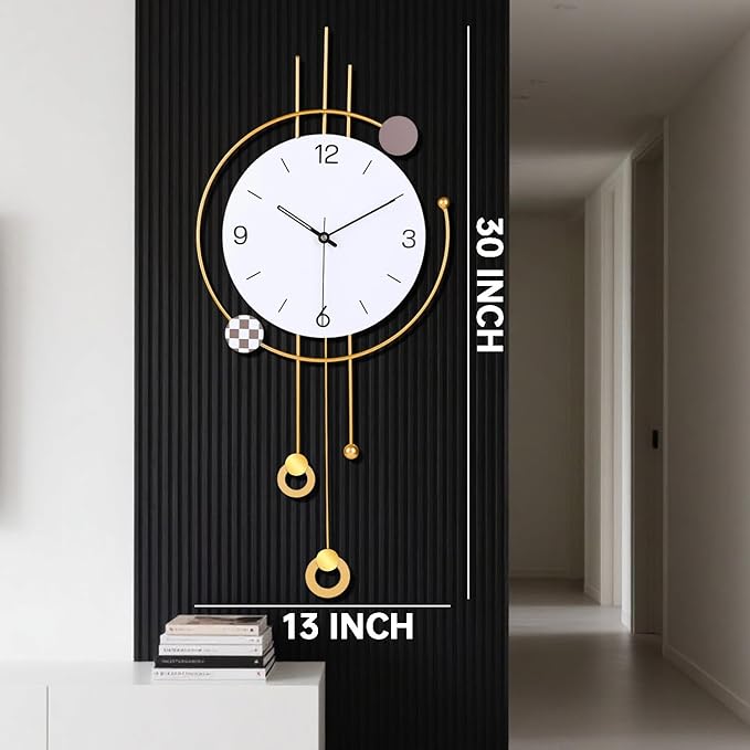 Decorative wall clock with gold accents on a black background, showing dimensions.