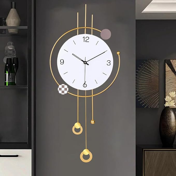 Decorative wall clock for hall with gold accents on a dark wall