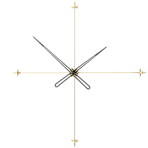 Minimalist wall clock with gold and black design on a white background