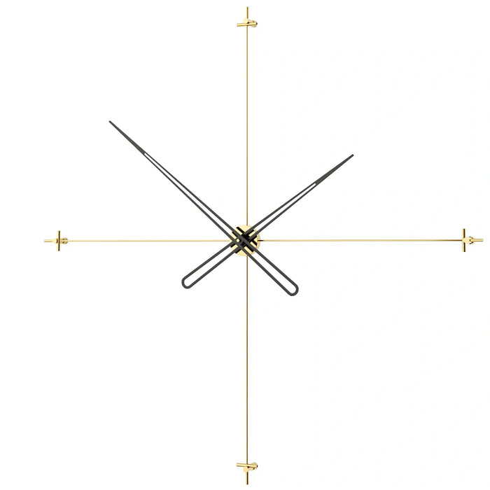 Minimalist wall clock with gold and black design on a white background