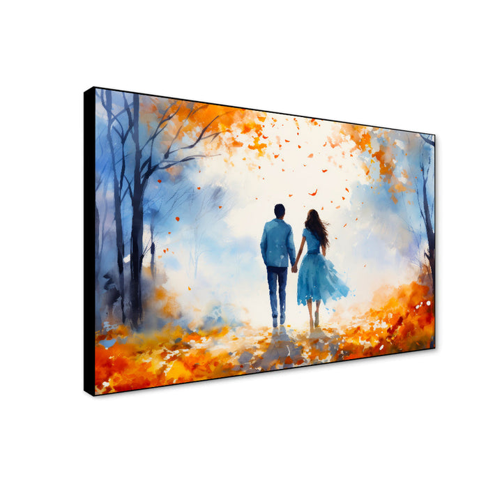 Beautiful Young Couple Walking in Autumn Park Canvas Wall Paintings & Arts