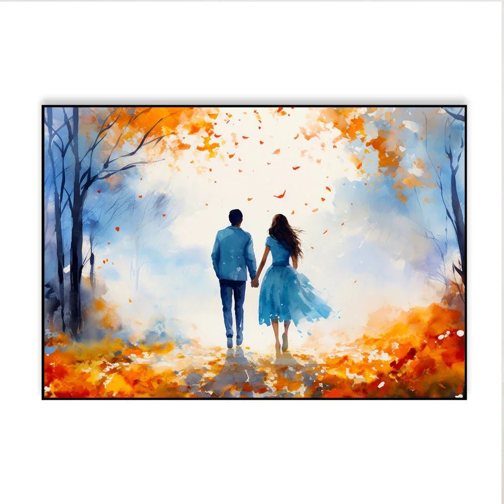 Beautiful Young Couple Walking in Autumn Park Canvas Wall Paintings & Arts - All India Decor