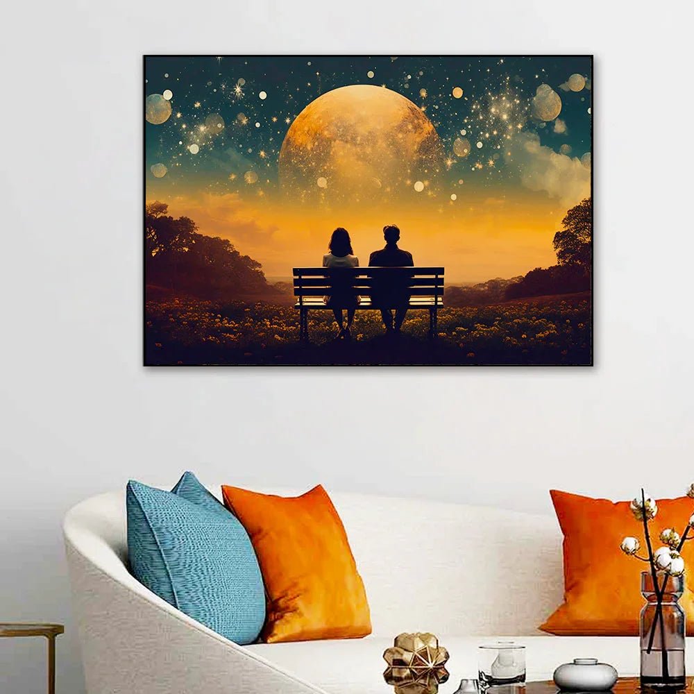 Beautiful Young Couple Sitting on A Bench Looking at The Sky Canvas Wall Paintings & Arts - All India Decor