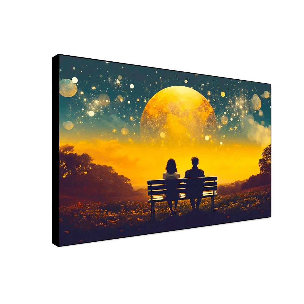 Beautiful Young Couple Sitting on A Bench Looking at The Sky Canvas Wall Paintings & Arts - All India Decor