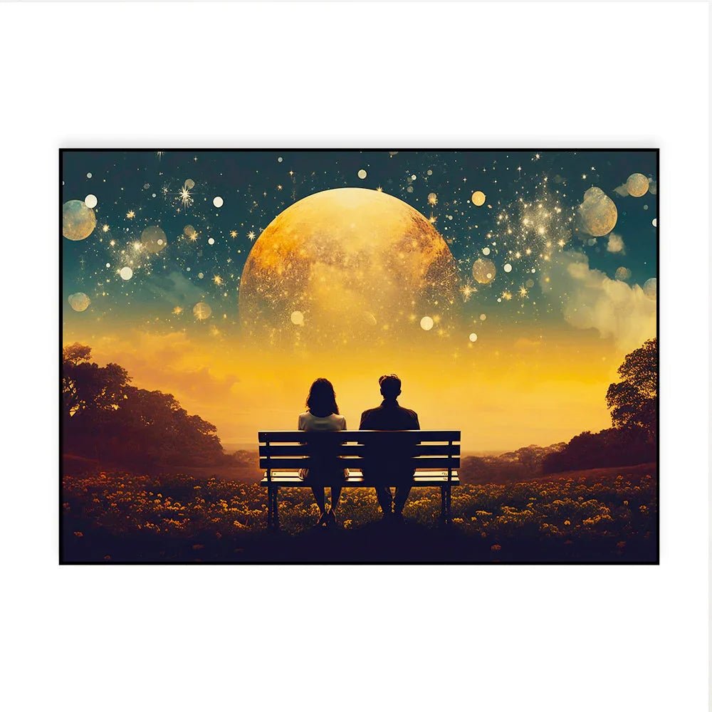 Beautiful Young Couple Sitting on A Bench Looking at The Sky Canvas Wall Paintings & Arts - All India Decor