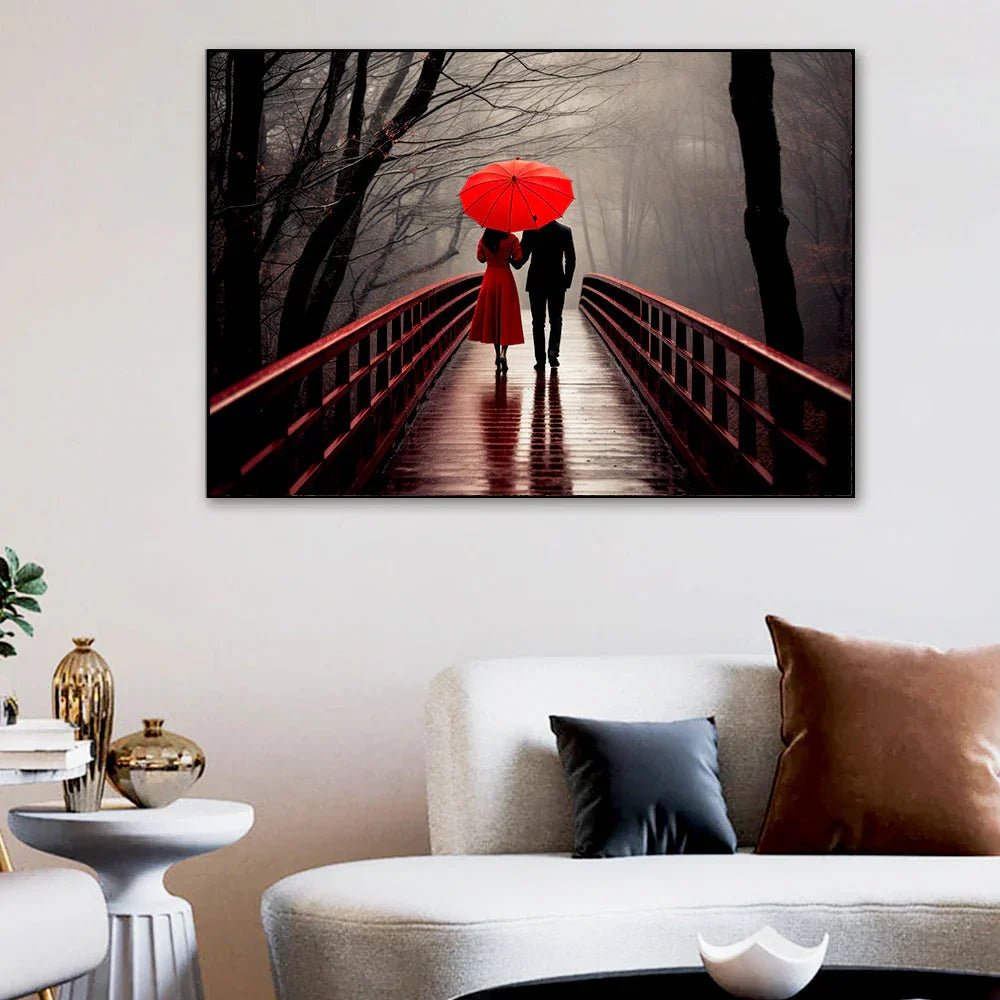 Beautiful Couple with Red Umbrella Under the Rain Canvas Wall Paintings & Arts - All India Decor