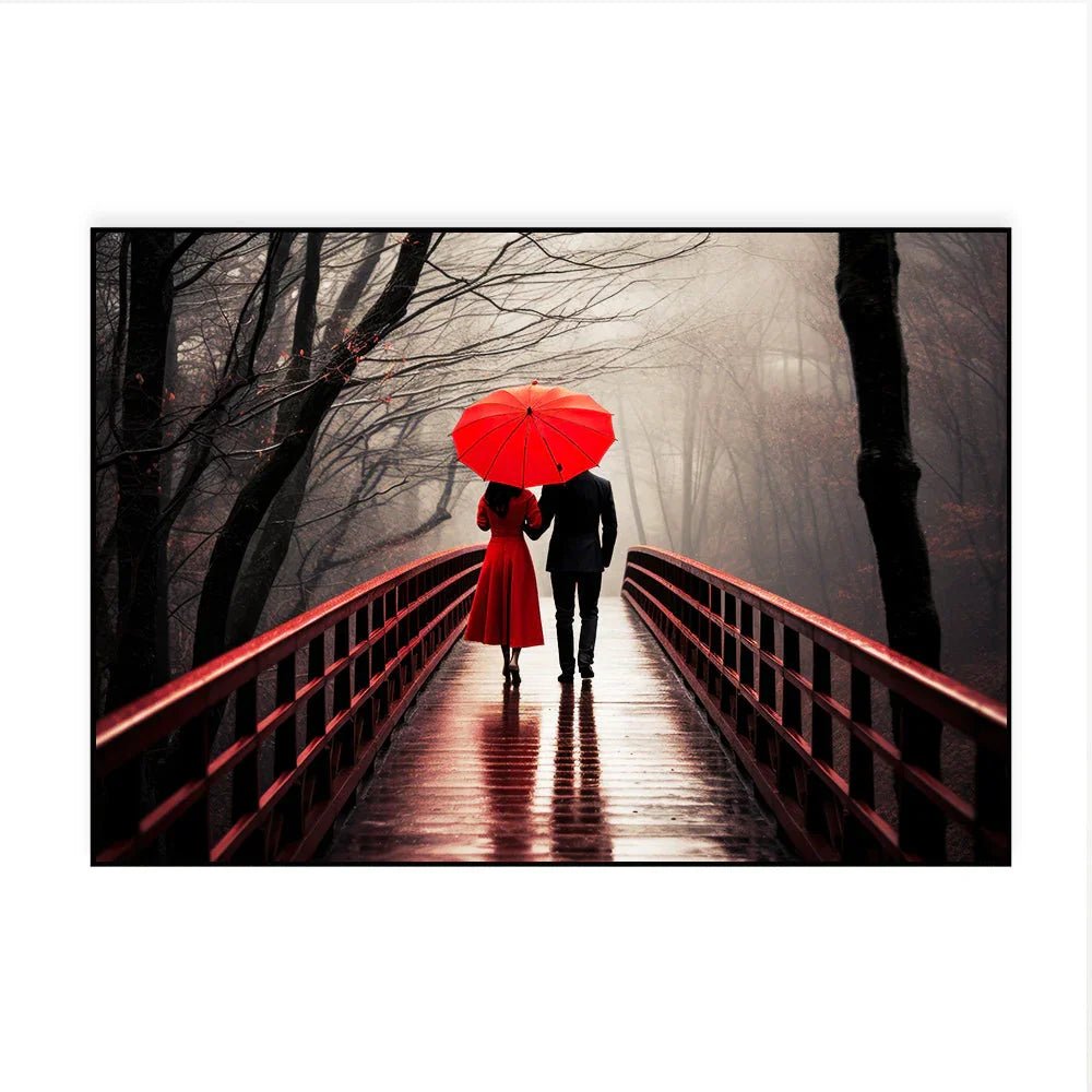 Beautiful Couple with Red Umbrella Under the Rain Canvas Wall Paintings & Arts - All India Decor