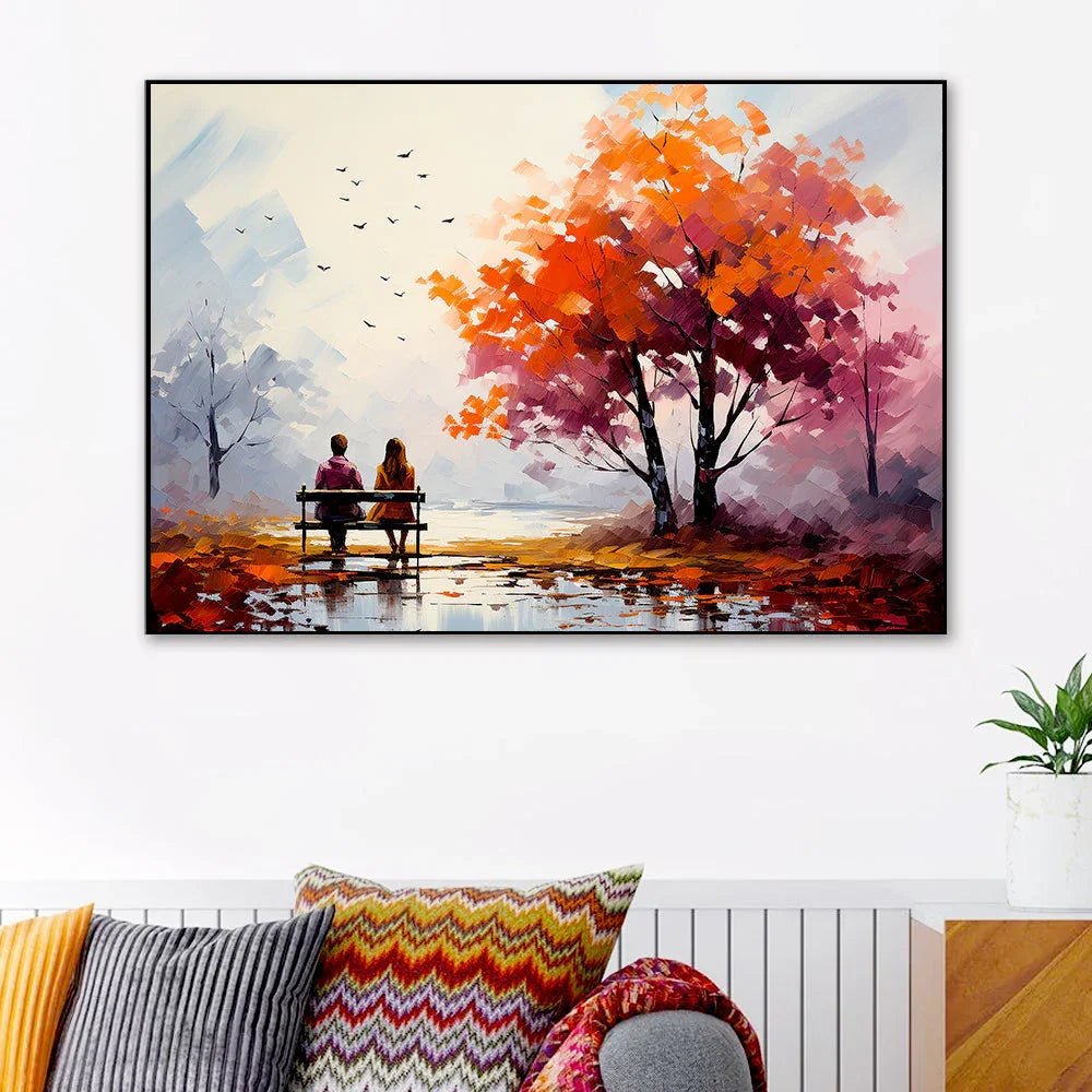 Beautiful Couple Sit on A Bench and Look at The Mountains Canvas Wall Paintings & Arts - All India Decor
