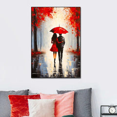 Beautiful Couple Walking Rain Umbrella Black Red Color Palette Holding Hand Wall Paintings & Arts - All India Decor