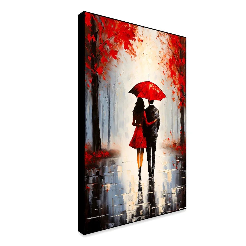 Beautiful Couple Walking Rain Umbrella Black Red Color Palette Holding Hand Wall Paintings & Arts - All India Decor