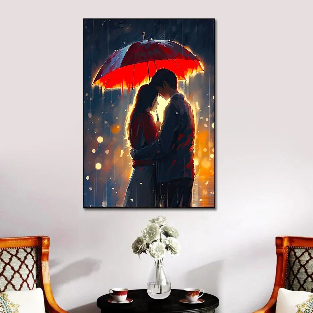Beautiful Romance in The Rain, Love Couple Canvas Wall Paintings & Arts - All India Decor